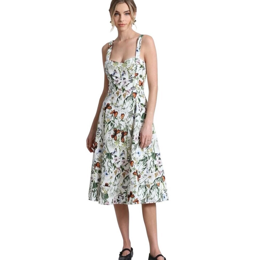 Avec Les Filles Printed Cotton Sweetheart Midi Dress Size 6 Wedding Party Floral